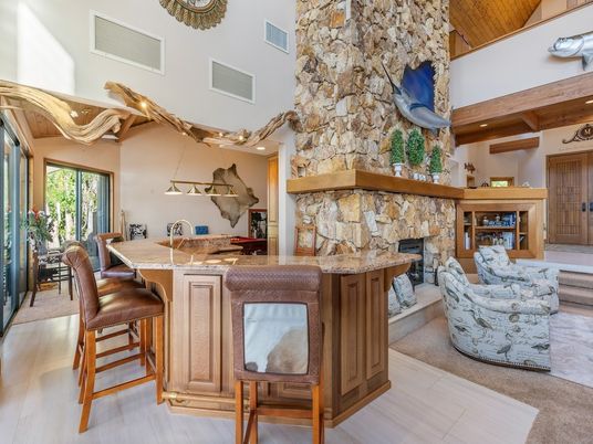 Dining room, Fireplace, Interior, Kitchen, Living room, Pendant Lights, Recessed Lighting, Stone Walls, Wooden Beams, Wooden Ceilings