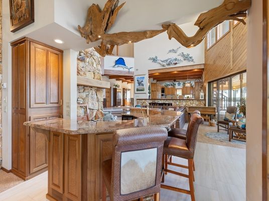 Dining room, Fireplace, Interior, Kitchen, Pendant Lights, Recessed Lighting, Stone Walls, Wooden Beams