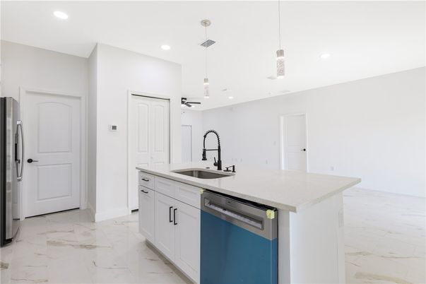 Interior, Kitchen, Marble, Pendant Lights, Recessed Lighting, Stainless Steel Appliances
