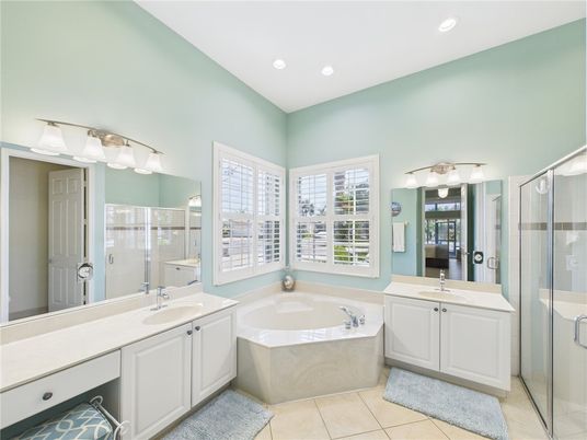Bathroom, Dual Sink Vanities, Glass Shower, Interior, Recessed Lighting