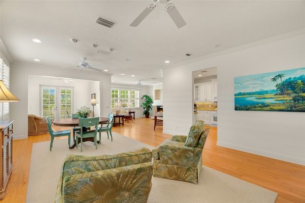 Dining room, Interior, Living room, Recessed Lighting, Wood Texture Flooring