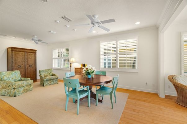 Dining room, Interior, Recessed Lighting, Wood Texture Flooring