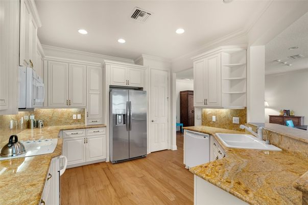 Interior, Kitchen, Recessed Lighting, Stainless Steel Appliances, Wood Texture Flooring