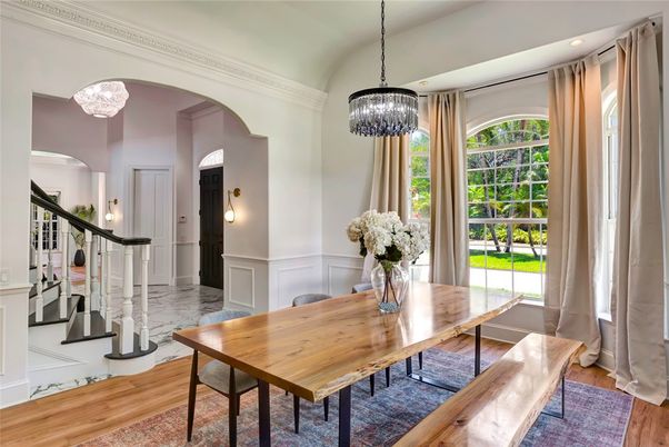 Chandelier, Dining room, Interior, Marble, Recessed Lighting, Wood Texture Flooring