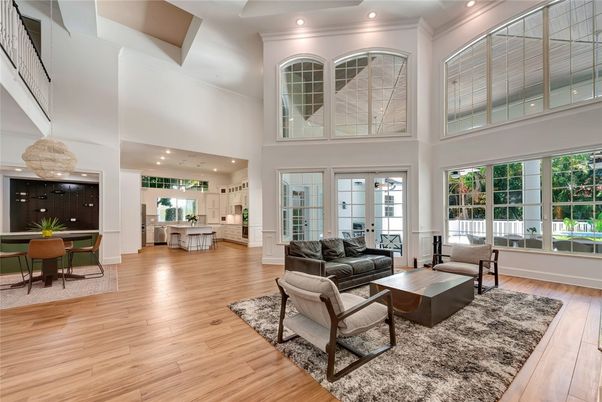 Dining room, Interior, Living room, Recessed Lighting, Wood Texture Flooring