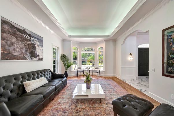 Interior, Living room, Marble, Recessed Lighting, Wood Texture Flooring