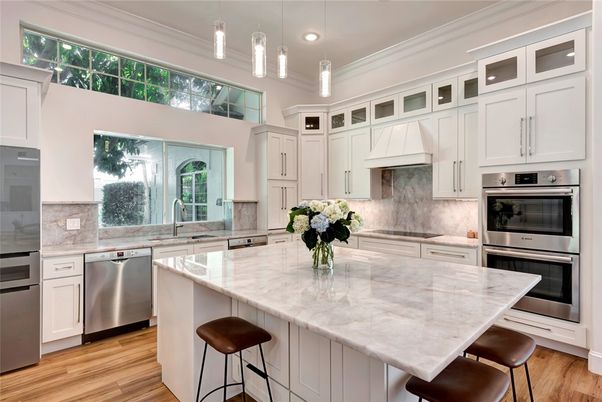 Interior, Kitchen, Pendant Lights, Recessed Lighting, Stainless Steel Appliances, Wood Texture Flooring