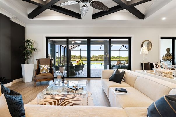 Interior, Living room, Recessed Lighting, Water, Wooden Beams, Wood Texture Flooring
