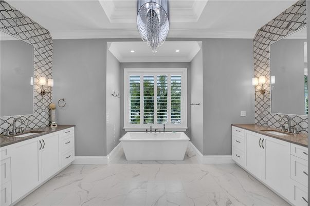 Bathroom, Dual Sink Vanities, Free Standing Baths, Interior, Marble, Recessed Lighting