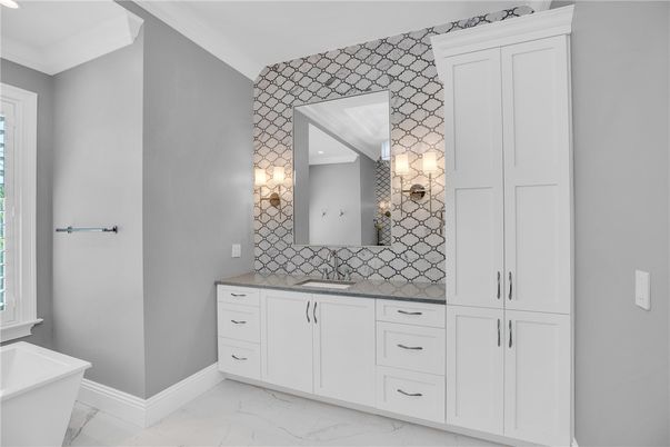 Bathroom, Dual Sink Vanities, Free Standing Baths, Interior, Marble, Recessed Lighting