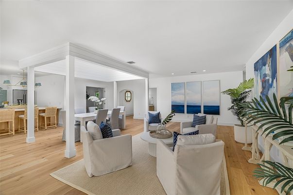 Dining room, Interior, Living room, Recessed Lighting, Water, Wood Texture Flooring