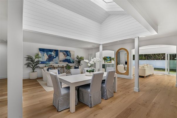 Dining room, Interior, Recessed Lighting, Wood Texture Flooring