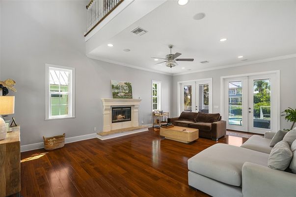 Fireplace, Interior, Living room, Recessed Lighting, Wood Texture Flooring