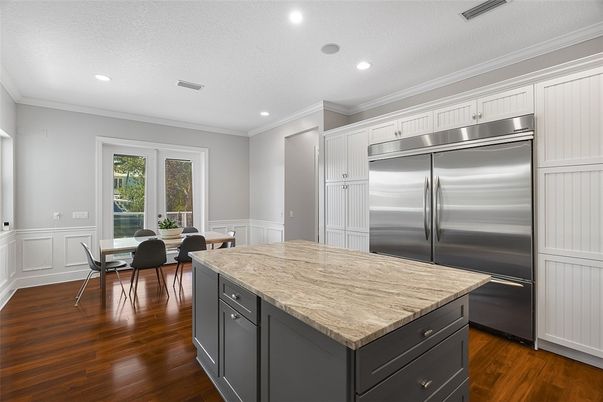 Dining room, Interior, Kitchen, Recessed Lighting, Stainless Steel Appliances, Wood Texture Flooring