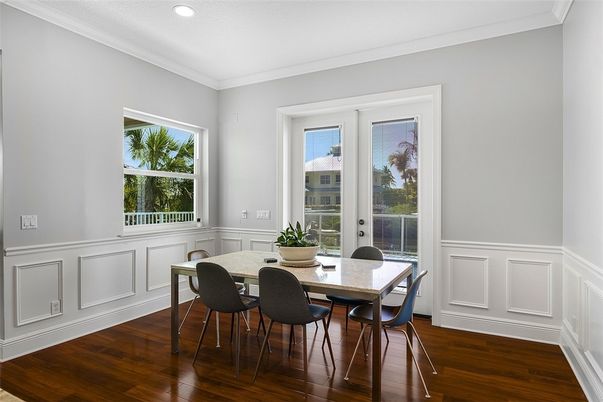 Dining room, Interior, Recessed Lighting, Wood Texture Flooring