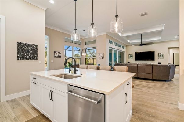 Interior, Kitchen, Living room, Pendant Lights, Recessed Lighting, Stainless Steel Appliances, Wood Texture Flooring