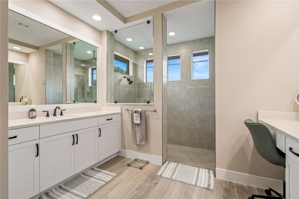 Bathroom, Glass Shower, Interior, Recessed Lighting, Wood Texture Flooring