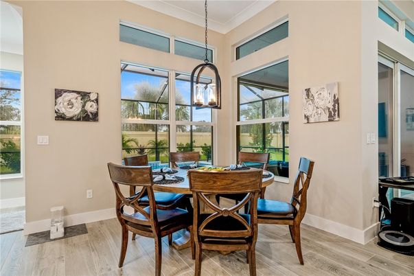 Dining room, Interior, Pendant Lights, Wood Texture Flooring