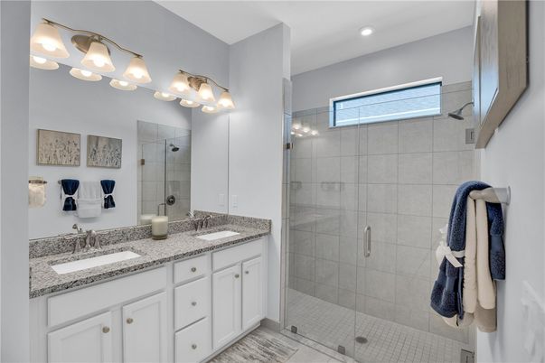 Bathroom, Dual Sink Vanities, Glass Shower, Interior, Recessed Lighting