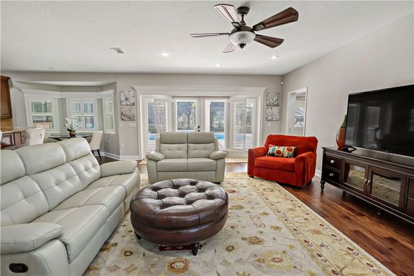 Dining room, Interior, Living room, Recessed Lighting, Wood Texture Flooring
