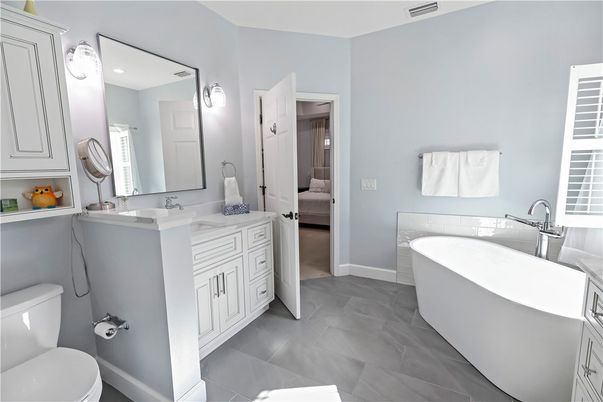 Bathroom, Dual Sink Vanities, Free Standing Baths, Interior, Recessed Lighting