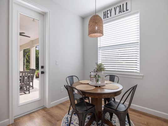 Dining room, Interior, Pendant Lights, Wood Texture Flooring