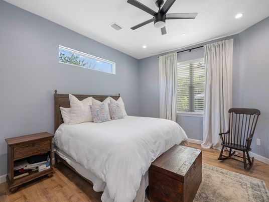 Bedroom, Interior, Recessed Lighting, Wood Texture Flooring