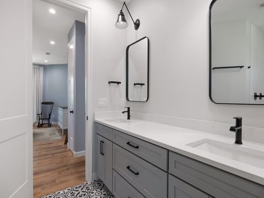 Bathroom, Dual Sink Vanities, Interior, Pendant Lights, Recessed Lighting, Wood Texture Flooring