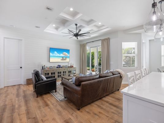 Dining room, Interior, Living room, Pendant Lights, Recessed Lighting, Wood Texture Flooring