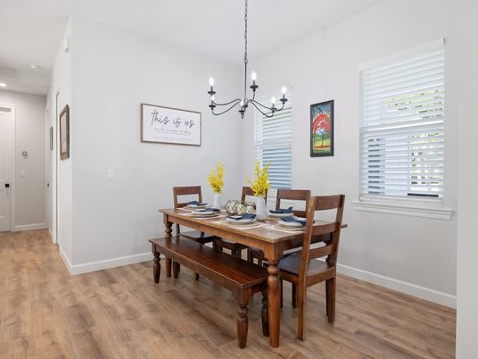 Chandelier, Dining room, Interior, Recessed Lighting, Wood Texture Flooring