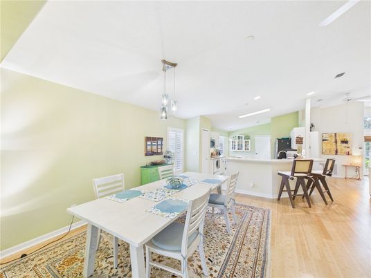 Dining room, Interior, Kitchen, Pendant Lights, Recessed Lighting, Wood Texture Flooring