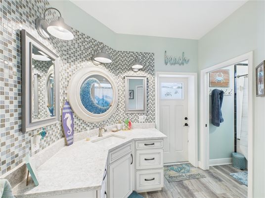 Bathroom, Dual Sink Vanities, Interior, Wood Texture Flooring