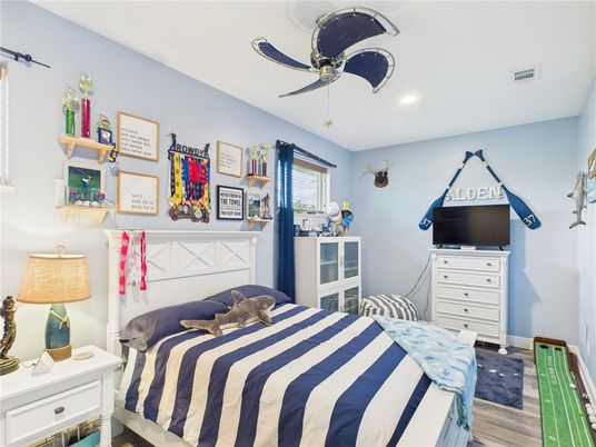 Bedroom, Interior, Recessed Lighting, Wood Texture Flooring