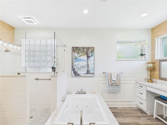 Bathroom, Glass Shower, Interior, Recessed Lighting, Wood Texture Flooring