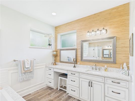 Bathroom, Dual Sink Vanities, Interior, Recessed Lighting, Wood Texture Flooring