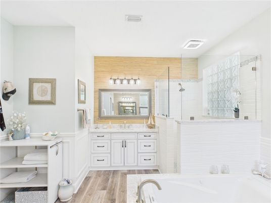 Bathroom, Glass Shower, Interior, Wood Texture Flooring