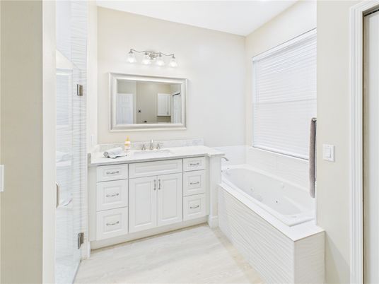 Bathroom, Dual Sink Vanities, Interior, Wood Texture Flooring