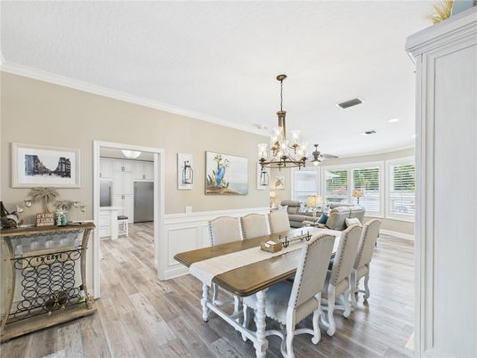 Chandelier, Dining room, Interior, Kitchen, Living room, Recessed Lighting, Wood Texture Flooring