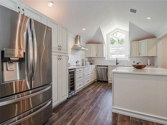 Interior, Kitchen, Recessed Lighting, Stainless Steel Appliances, Wood Texture Flooring