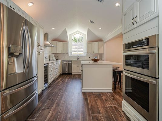 Interior, Kitchen, Recessed Lighting, Stainless Steel Appliances, Wood Texture Flooring
