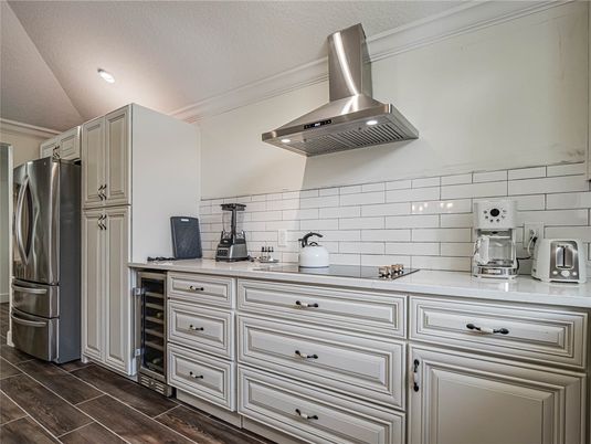 Interior, Kitchen, Recessed Lighting, Stainless Steel Appliances, Wood Texture Flooring