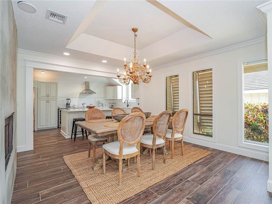Chandelier, Dining room, Interior, Kitchen, Recessed Lighting, Wood Texture Flooring
