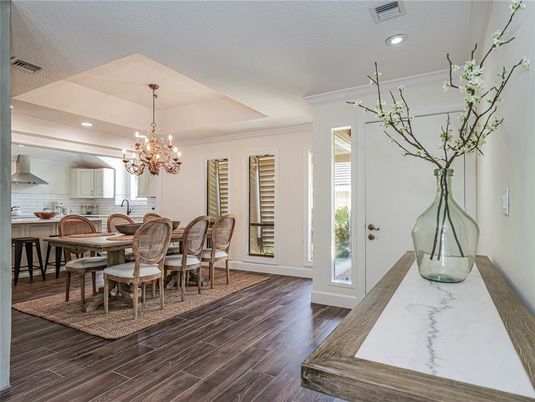 Chandelier, Dining room, Interior, Recessed Lighting, Wood Texture Flooring