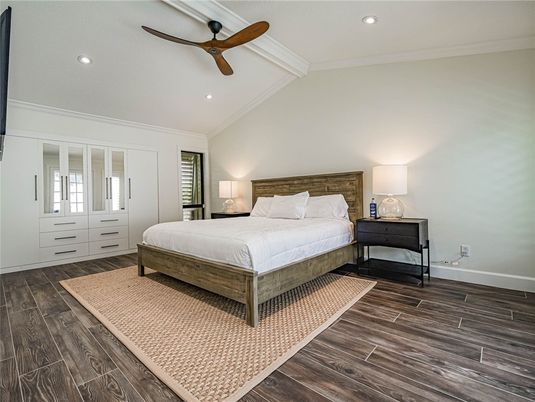 Bedroom, Interior, Recessed Lighting, Wood Texture Flooring