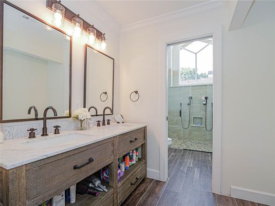 Bathroom, Dual Sink Vanities, Glass Shower, Interior, Wood Texture Flooring