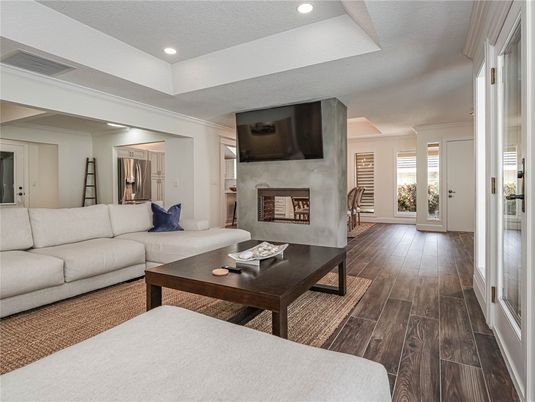 Fireplace, Interior, Living room, Recessed Lighting, Wood Texture Flooring