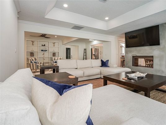 Dining room, Fireplace, Interior, Living room, Recessed Lighting