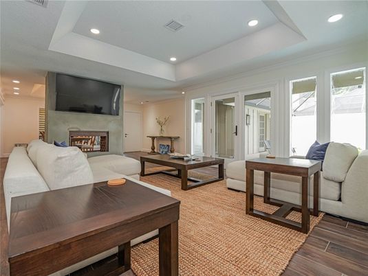 Fireplace, Interior, Living room, Recessed Lighting, Wood Texture Flooring