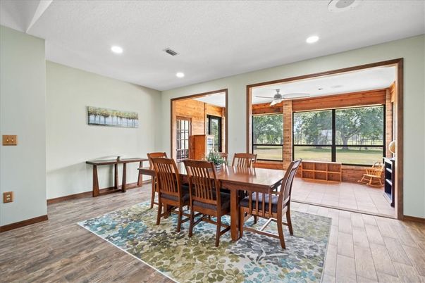 Dining room, Interior, Recessed Lighting, Wood Texture Flooring
