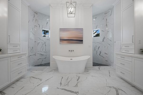 Bathroom, Free Standing Baths, Interior, Marble, Marble Walls, Pendant Lights